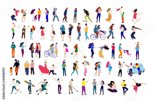 Crowd of young people. Characters big set.  Flat colorful vector illustration. Dancing, reading walking people - Vector 