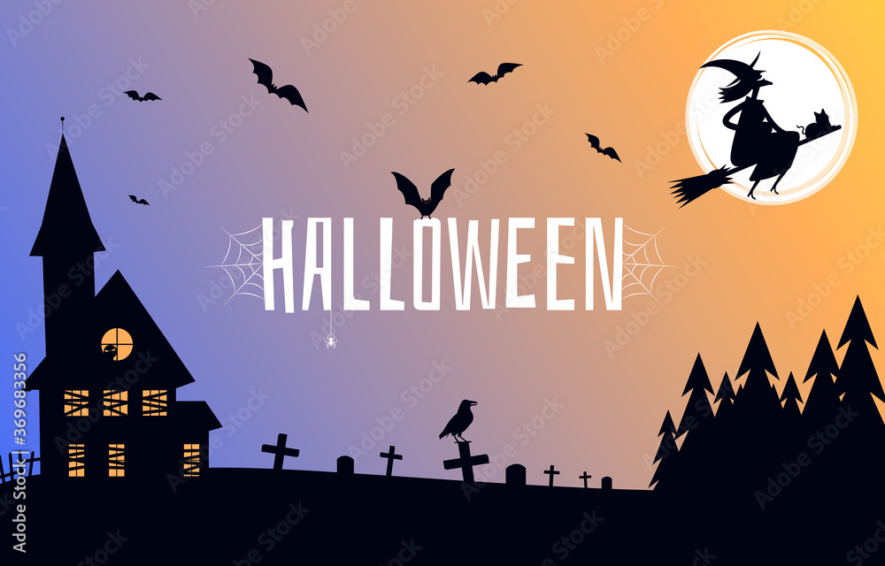 Happy halloween background. Laughing witch flies on a broomstick, cemetery and old house. Halloween party invitations or greeting cards template. Place for text. Vector illustration