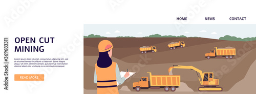 Open cut mining banner with industrial worker woman and industrial trucks