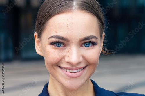 Comparison portrait of beautiful happy woman. Before and after skincare. Half face with problems. Result of treatment. Make up, cosmetology, cosmetics, retouch concept. Healthy skin versus unhealthy photo