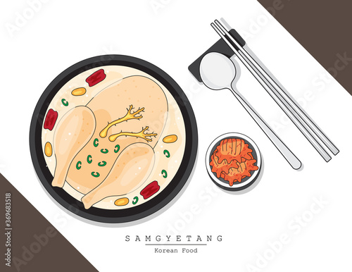 illustration vector of design logo doodle hand drawing popular Asian Korean cuisine Samgyetang,Kimchi with chopsticks isolated on plate on table top view on background with Korea flag and dish name