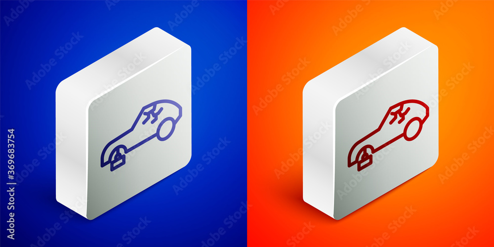 Isometric line Broken car icon isolated on blue and orange background. Car crush. Silver square button. Vector Illustration.