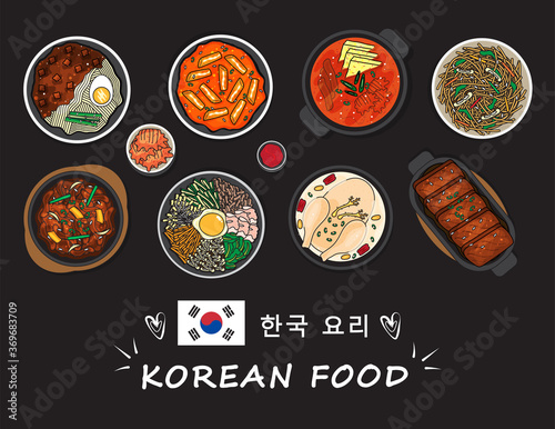 Illustration vector doodle cartoon of tradition asian korean food top view on table ,Bulgogi,Jjigae,Japchae,Tteokbokki,Jjajangmyeon,galbi,bibimbap. On black background with flag icon for restaurant ad