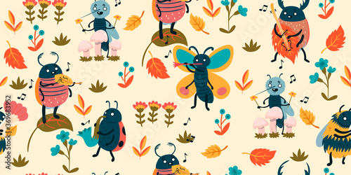 Pattern with cute insect musicians. Vector graphics.