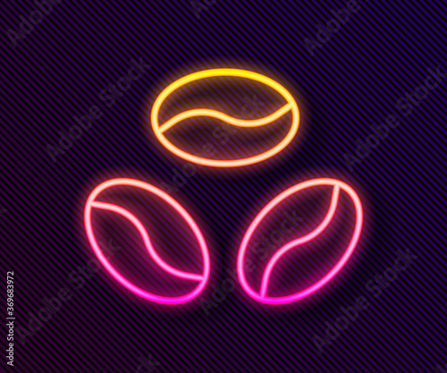 Glowing neon line Coffee beans icon isolated on black background. Vector Illustration.