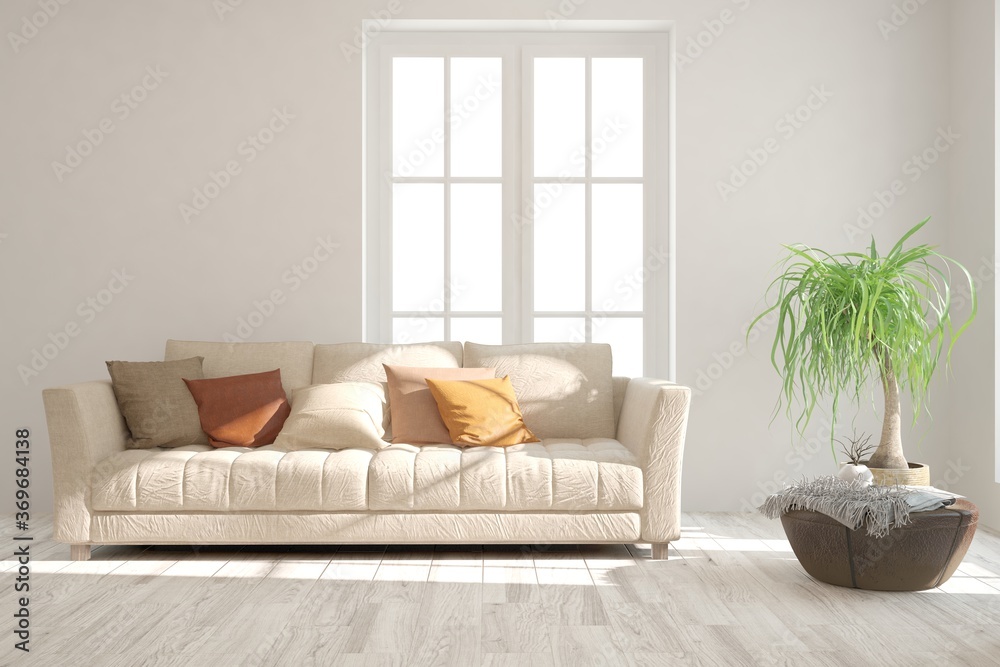 Fototapeta premium White stylish minimalist room with sofa. Scandinavian interior design. 3D illustration