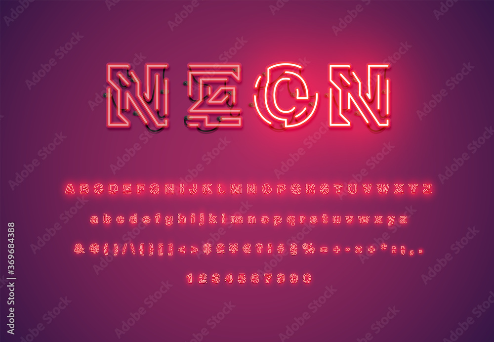 Realistic dashed neon font with shadows, glow and wires Realistic dashed neon font with shadows, glow and wires