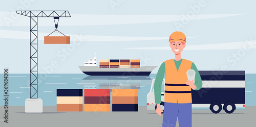 Export ship port background with ship and crane, flat vector illustration.