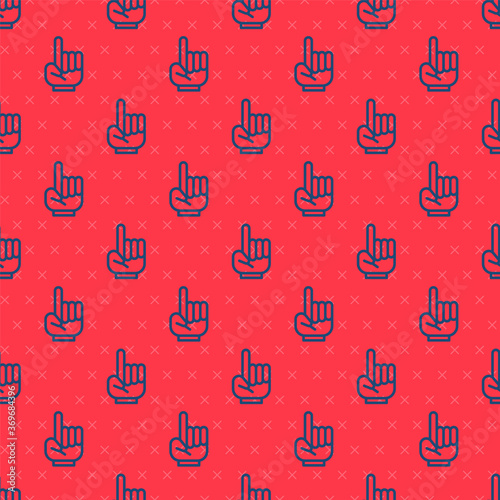 Blue line Number 1 one fan hand glove with finger raised icon isolated seamless pattern on red background. Symbol of team support in competitions. Vector Illustration.