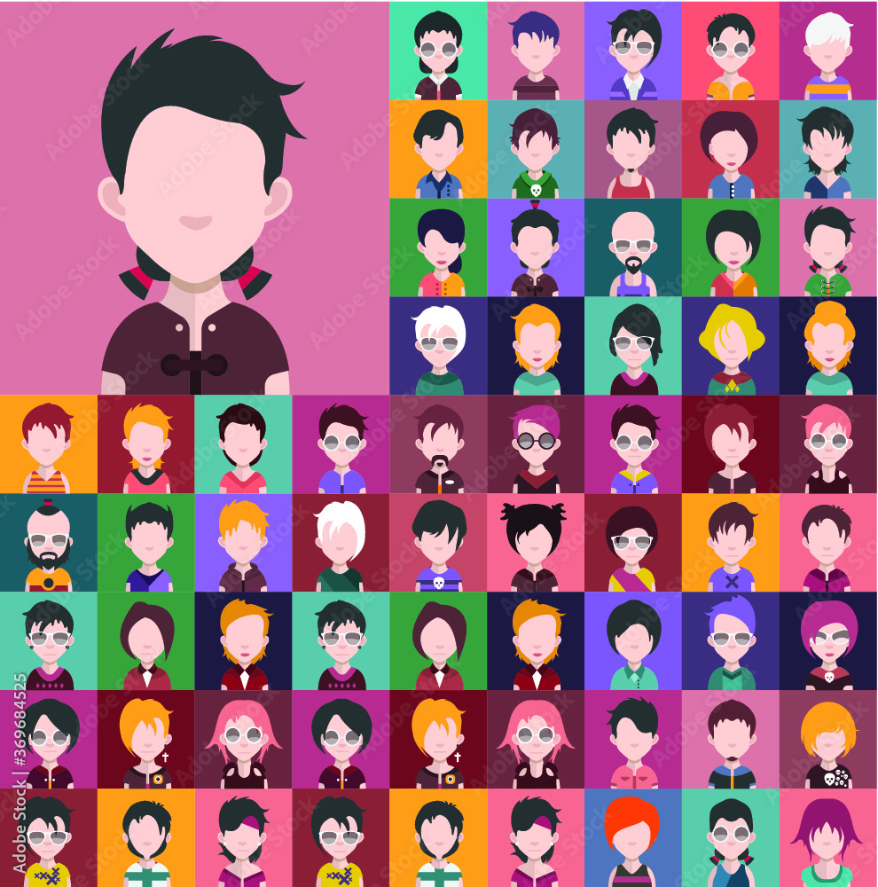 Set of people icons in flat style with faces. Vector women, men character Set of people icons in flat style with faces. Vector women, men character