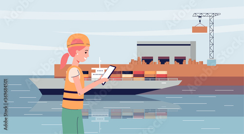 Ship port worker in industrial uniform using tablet for shipping and export work.