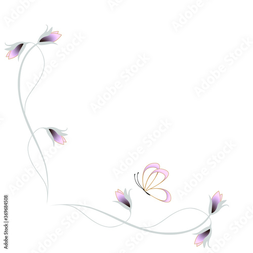 Corner with abstract flowers and butterfly on a white background.