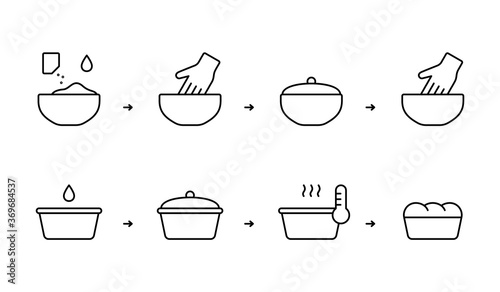 Homemade bread, instruction for baking with dry instant yeast. Cooking process with kneading dough, second rise. Flour, oil, water, bowl, cake pan, hand. Linear icon. Black contour vector illustration