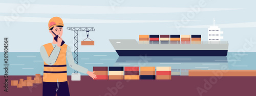 Worker in sea port looking at ferry ship with cargo containers