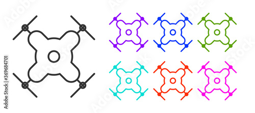 Black line Drone flying icon isolated on white background. Quadrocopter with video and photo camera symbol. Set icons colorful. Vector Illustration.
