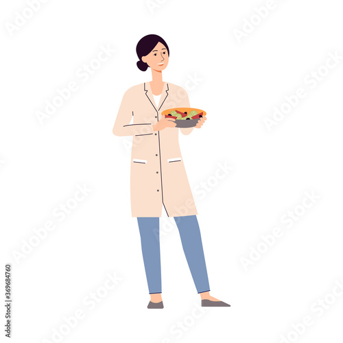 Nutritionist or dietolog female cartoon character, vector illustration isolated.