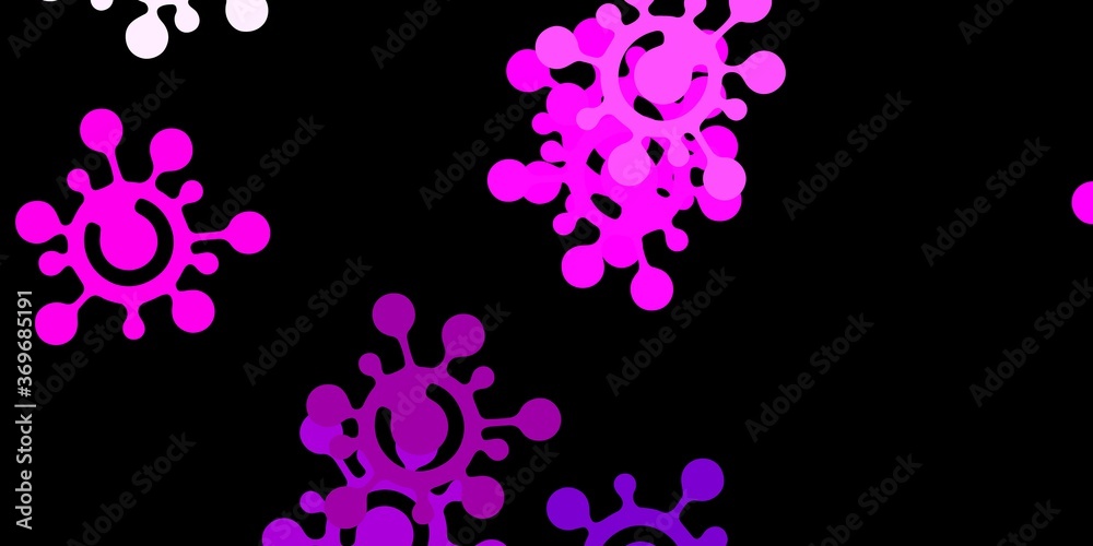 Dark purple, pink vector background with covid-19 symbols.
