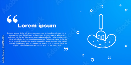 White line Pickled cucumber on a fork icon isolated on blue background. Vector Illustration.