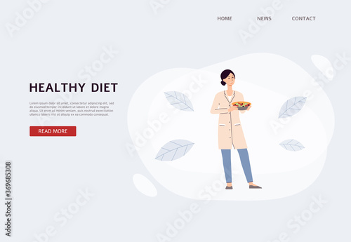 Healthy diet banner with dietolog cartoon character, flat vector illustration.