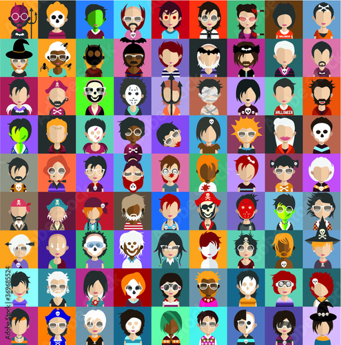 Set of people icons in flat style with faces. Vector women, men  character 
