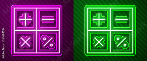 Glowing neon line Calculator icon isolated on purple and green background. Accounting symbol. Business calculations mathematics education and finance. Vector Illustration.