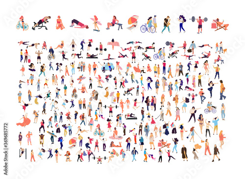 Crowd of flat illustrated people. Dancing, surfing, traveling, walking, working, playing, doing sport, fashion people, Arab, couple , doctors set. Vector big set