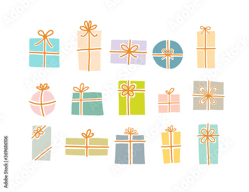 Set of christmas gift boxes in soft pastel colors on white background.