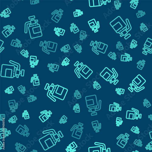 Green line Garden sprayer for water, fertilizer, chemicals icon isolated seamless pattern on blue background. Vector Illustration.