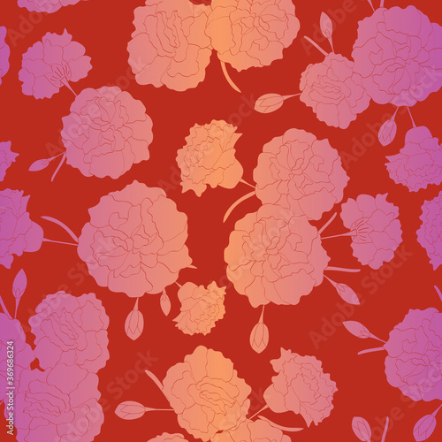 Vector Carnation Flowers Silhouettes in Pink Orange Ombre Scattered on Red Background Seamless Repeat Pattern. Background for textiles, cards, manufacturing, wallpapers, print, gift wrap and