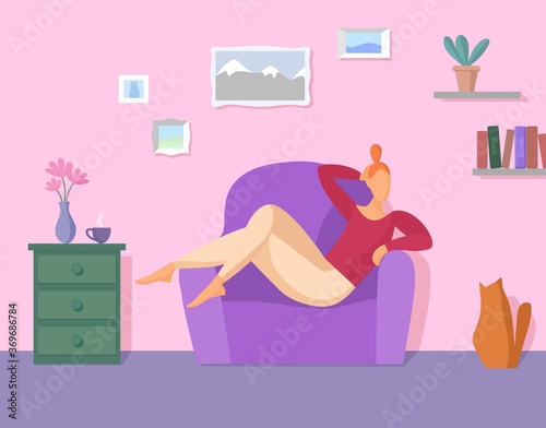 Young woman relaxes at home. 