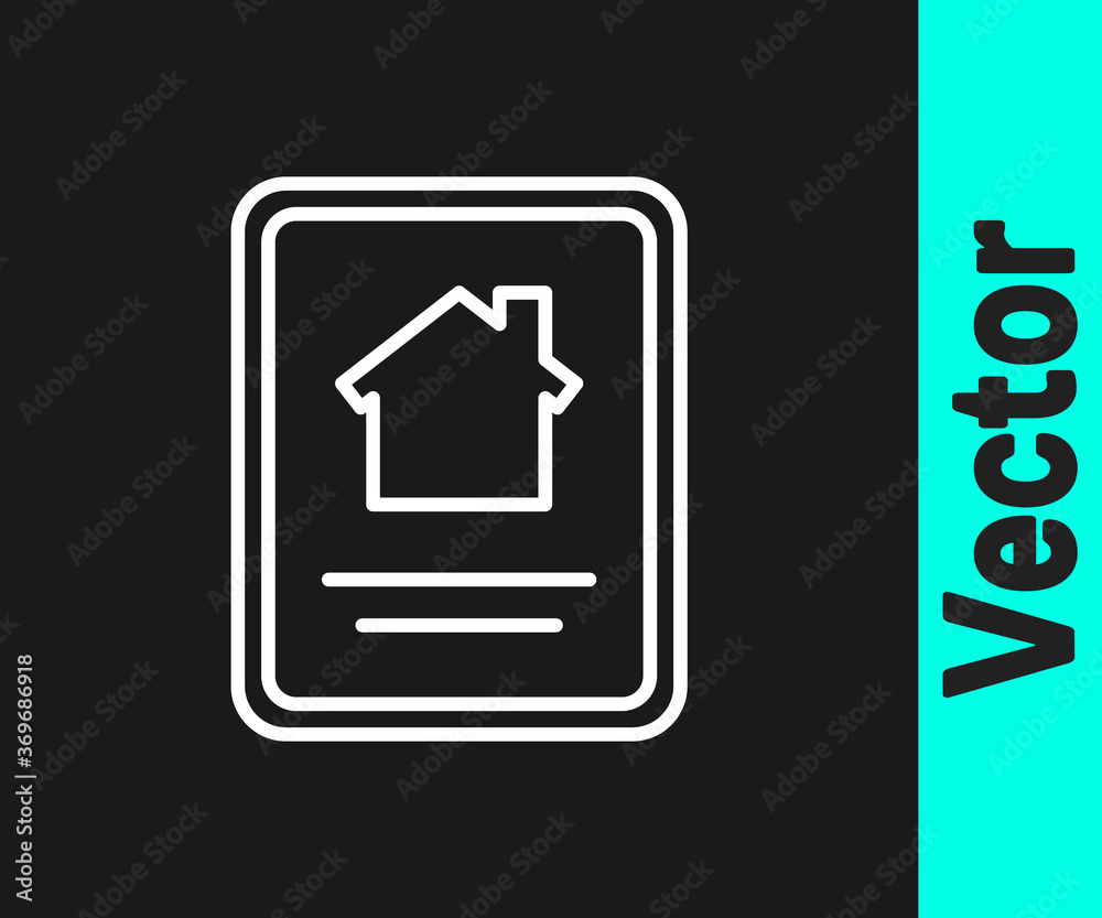 White line Online real estate house on tablet icon isolated on black background. Home loan concept, rent, buy, buying a property. Vector Illustration. White line Online real estate house on tablet icon isolated on black background. Home loan concept, rent, buy, buying a property. Vector Illustration.