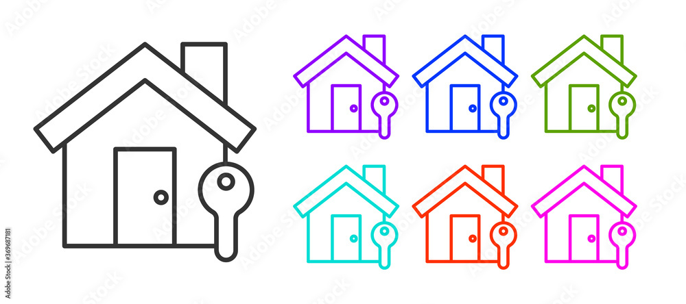 Black line House with key icon isolated on white background. The concept of the house turnkey. Set icons colorful. Vector Illustration.