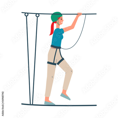 Cartoon woman in rope park walking on string with safety equipment