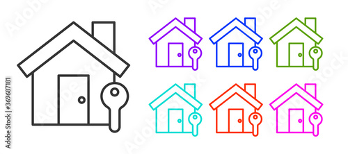 Black line House with key icon isolated on white background. The concept of the house turnkey. Set icons colorful. Vector Illustration.