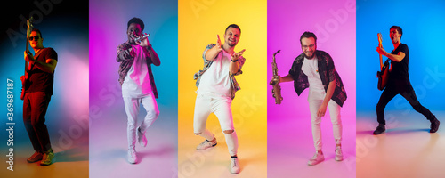 Collage of portraits of 5 young emotional talented musicians on multicolored background in neon light. Concept of human emotions  facial expression  sales. Playing guitar  singing  dancing  jumping.