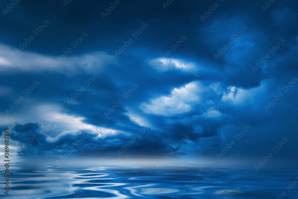Dark abstract background. Night sky background, reflection on water, smoke, fog. Night seascape. 3d illustration
