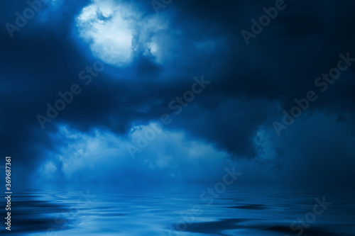 Dark abstract background. Night sky background, reflection on water, smoke, fog. Night seascape. 3d illustration © Laura Сrazy