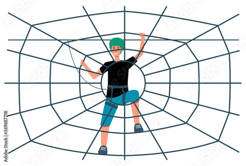Cartoon boy climbing rope spider web in safety harness and helmet