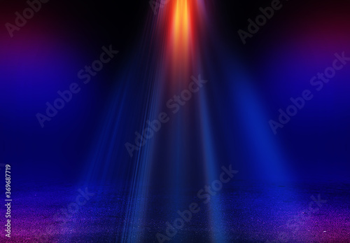 Light neon effect, energy waves on a dark abstract background. Laser colorful neon show. Reflection of light on the asphalt. Night party with clouds of smoke. 3d illustration