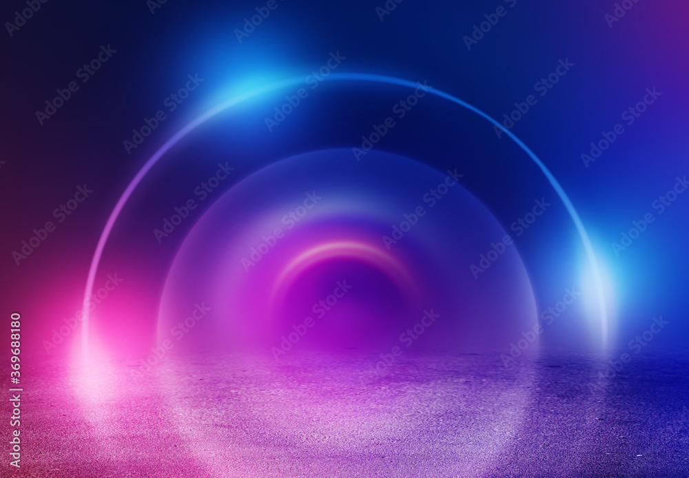 Light neon effect, energy waves on a dark abstract background. Laser colorful neon show. Reflection of light on the asphalt. Night party with clouds of smoke. 3d illustration Light neon effect, energy waves on a dark abstract background. Laser colorful neon show. Reflection of light on the asphalt. Night party with clouds of smoke. 3d illustration