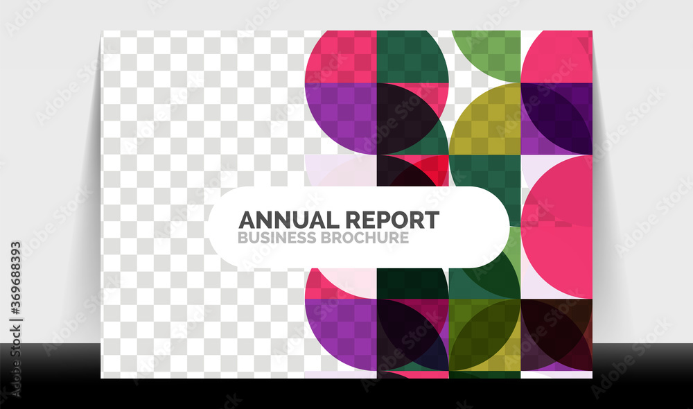 Horizontal A4 business flyer annual report template, circles and triangle style shapes modern geometric design for brochure layout, magazine or booklet