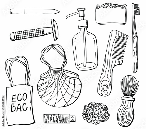 Zero waste. Linear set of reusable items. White background, isolator. Stock illustration.