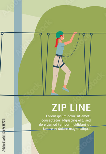 Zip line poster for extreme sport outdoor adventure. Cartoon woman in forest