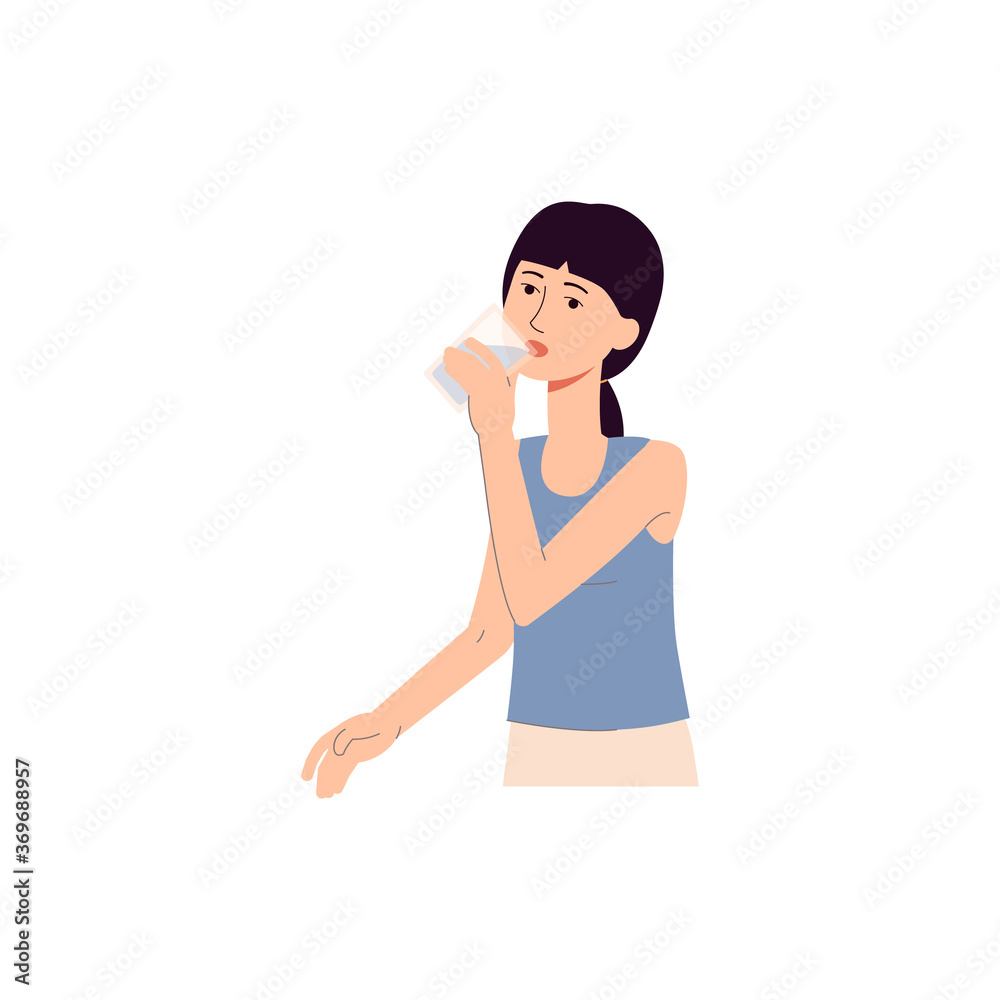 Cartoon woman drinking water from glass isolated on white background Cartoon woman drinking water from glass isolated on white background