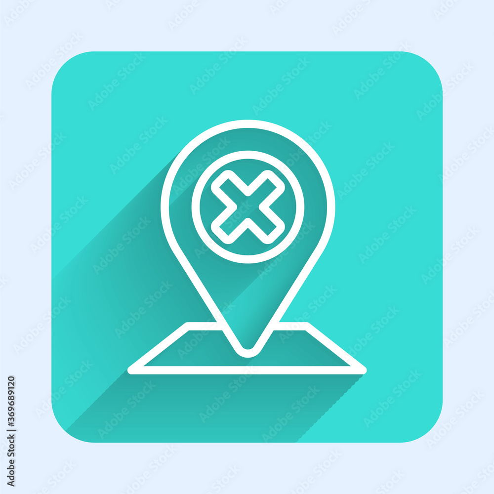 White line Map pin icon isolated with long shadow. Navigation, pointer, location, map, gps, direction, place, compass, search concept. Green square button Vector Illustration White line Map pin icon isolated with long shadow. Navigation, pointer, location, map, gps, direction, place, compass, search concept. Green square button Vector Illustration