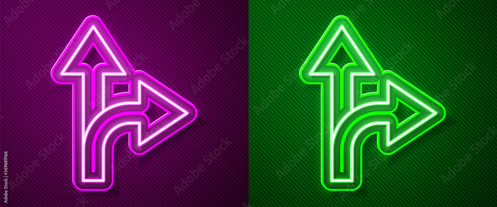 Glowing neon line Road traffic sign. Signpost icon isolated on purple and green background. Pointer symbol. Isolated street information sign. Direction sign. Vector Illustration.