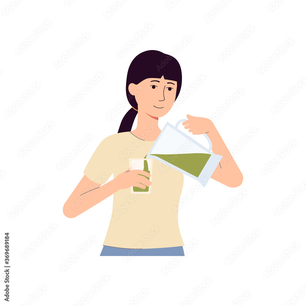 Young woman drinking smoothie flat cartoon vector illustration isolated.