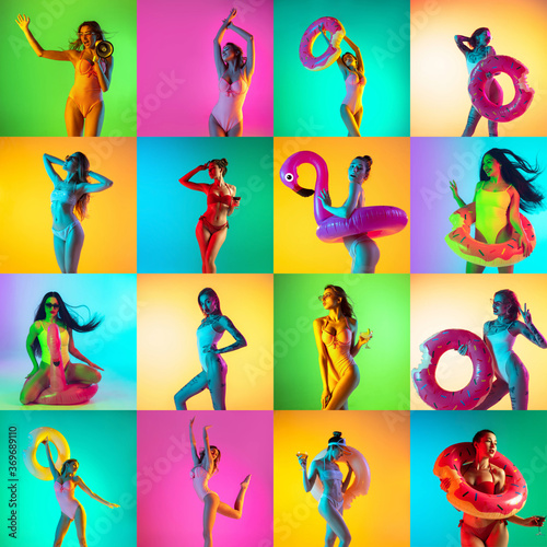 Collage of portraits of 4 young beautiful girls on multicolored background in neon light. Concept of human emotions, facial expression, sales. Summer, beach, resort. Copyspace for ad, proposal.