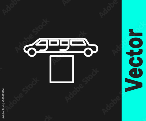 White line Luxury limousine car and carpet icon isolated on black background. For world premiere celebrities and guests poster. Vector Illustration.