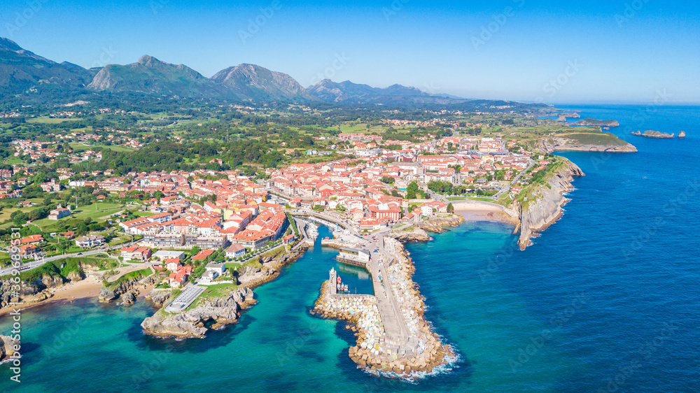 aerial view of llanes fishing town in asturias, spain